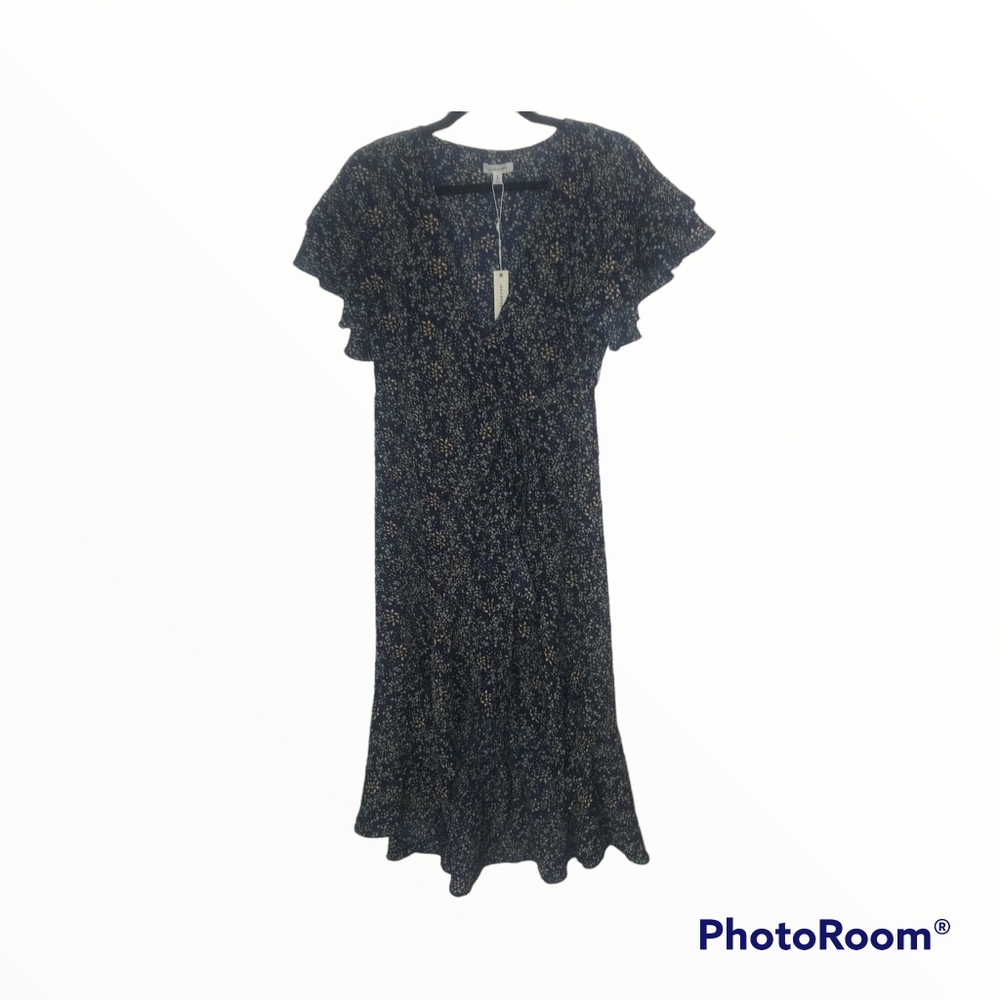 NWT Max Studio Navy Blue and Yellow High Low Wrap Floral Dress Size Small